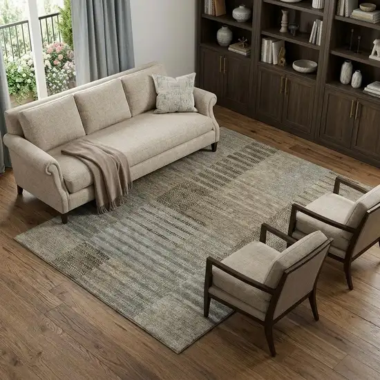 Taupe Beige And Gray Striped Washable Area Rug With UV Protection Photo 1
