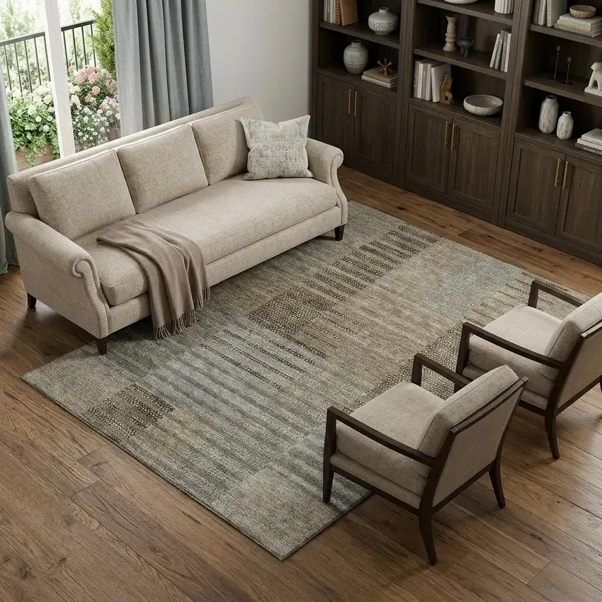Taupe Beige And Gray Striped Washable Area Rug With UV Protection Photo 1