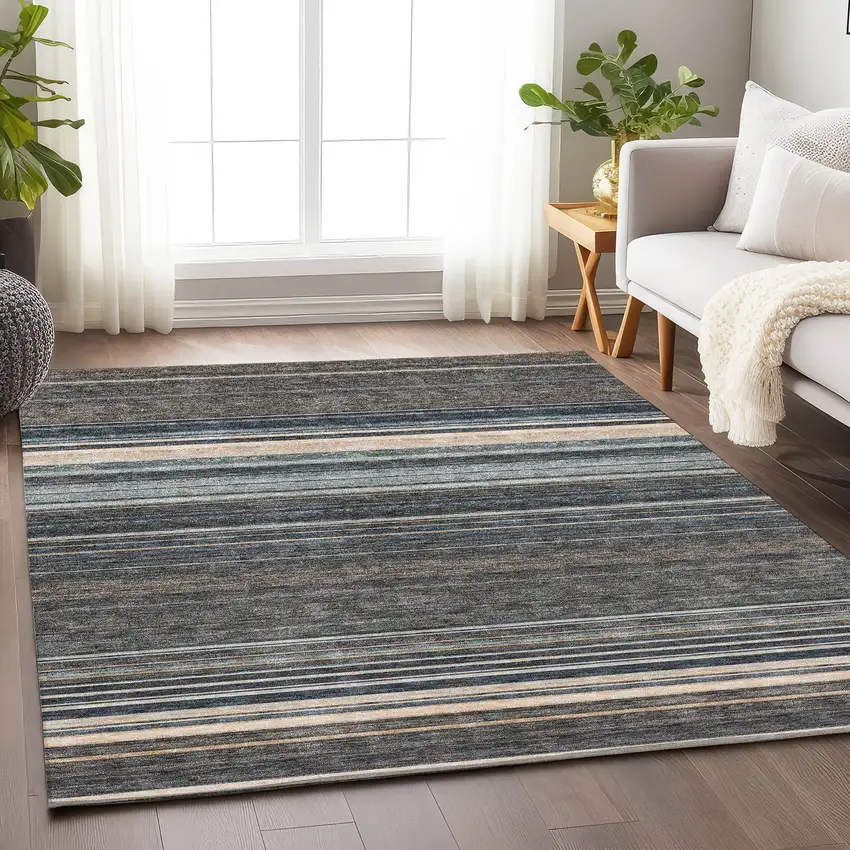 Taupe Beige And Gray Striped Washable Area Rug With UV Protection Photo 4