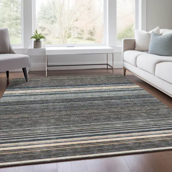 Taupe Beige And Gray Striped Washable Area Rug With UV Protection Photo 4