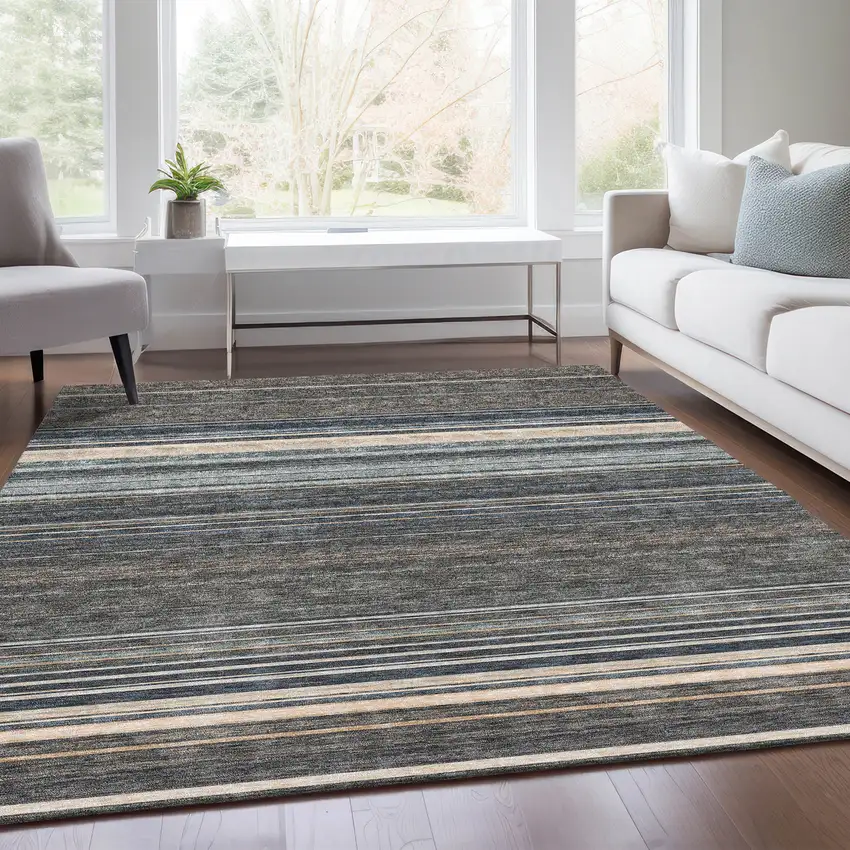 Taupe Beige And Gray Striped Washable Area Rug With UV Protection Photo 4