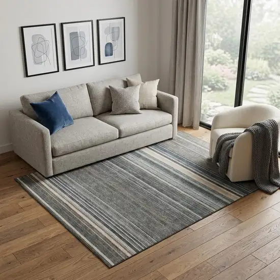 Taupe Beige And Gray Striped Washable Area Rug With UV Protection Photo 1