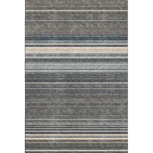 Photo of Taupe Beige And Gray Striped Washable Area Rug With UV Protection
