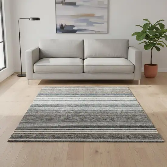 Taupe Beige And Gray Striped Washable Area Rug With UV Protection Photo 2