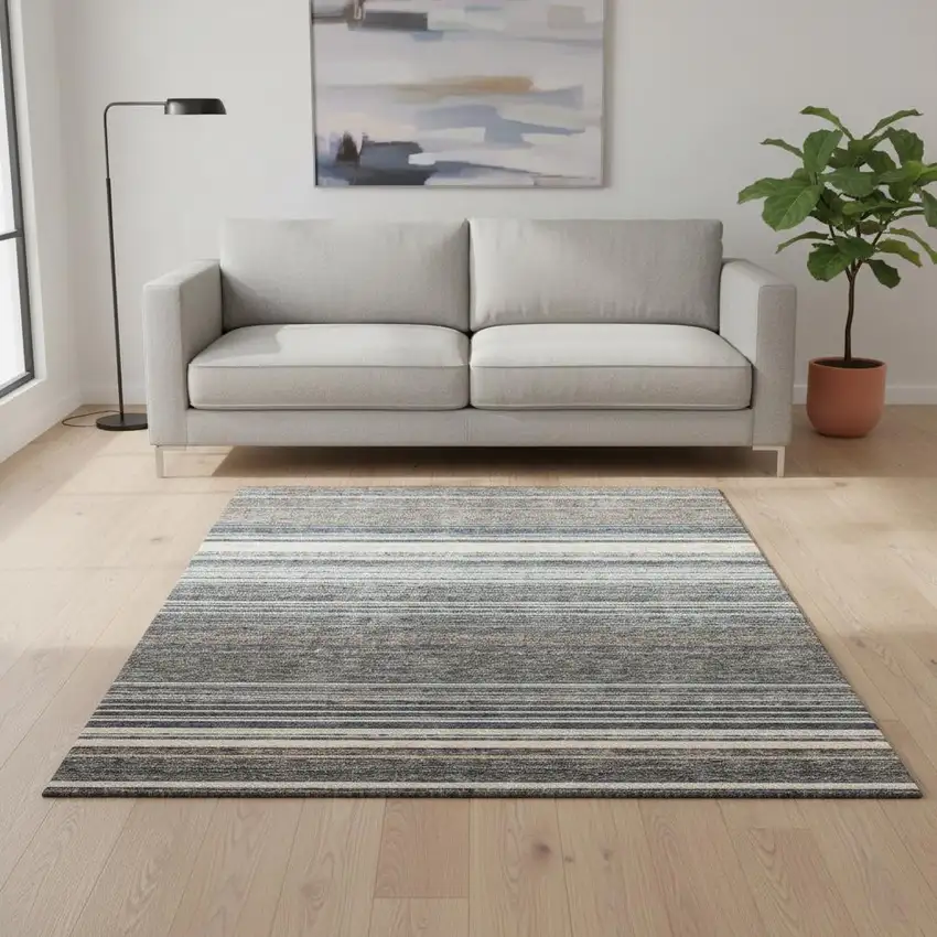 Taupe Beige And Gray Striped Washable Area Rug With UV Protection Photo 2