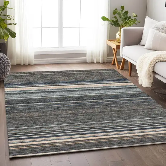 Taupe Beige And Gray Striped Washable Area Rug With UV Protection Photo 3