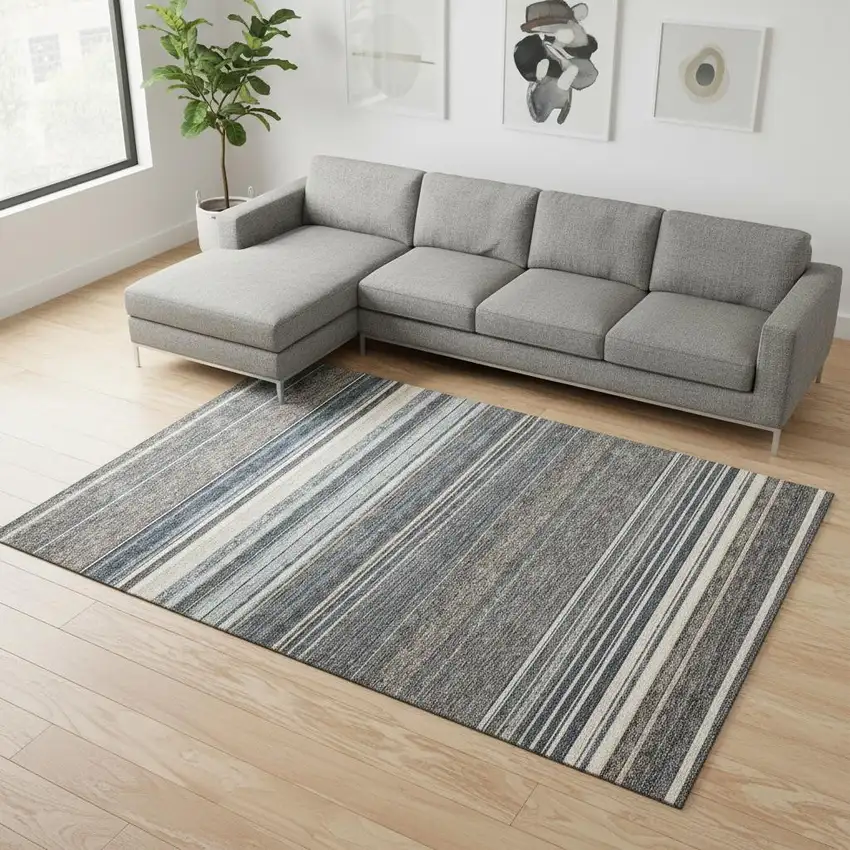 Taupe Beige And Gray Striped Washable Area Rug With UV Protection Photo 2