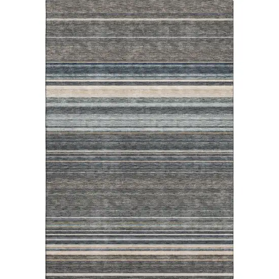 Taupe Beige And Gray Striped Washable Area Rug With UV Protection Photo 1