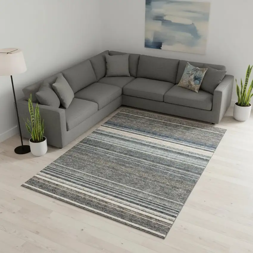 Taupe Beige And Gray Striped Washable Area Rug With UV Protection Photo 2