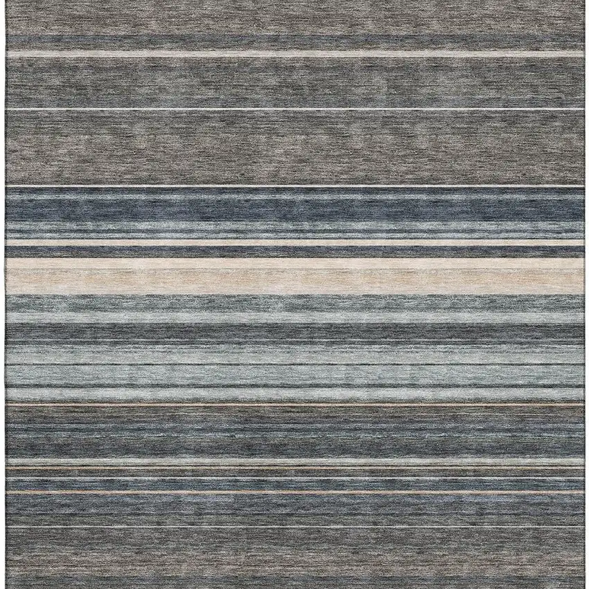 Taupe Beige And Gray Striped Washable Area Rug With UV Protection Photo 3