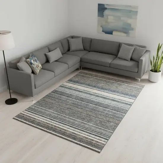 Taupe Beige And Gray Striped Washable Area Rug With UV Protection Photo 2