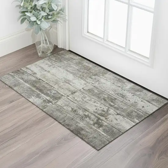 Taupe Beige And Gray Striped Washable Area Rug With UV Protection Photo 2