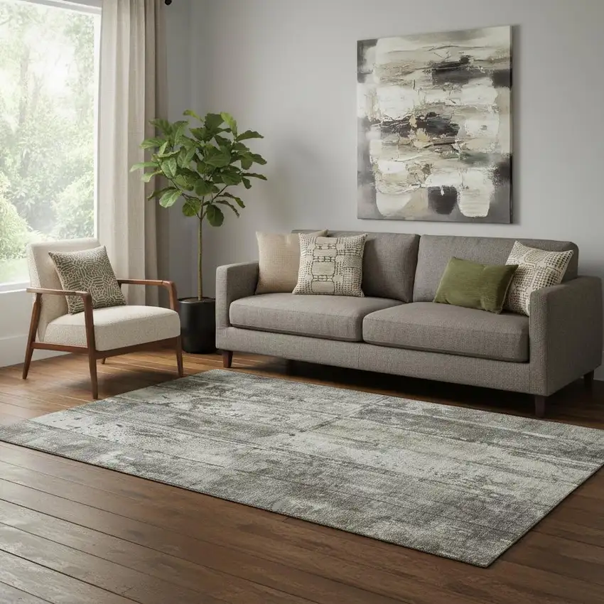 Taupe Beige And Gray Striped Washable Area Rug With UV Protection Photo 2