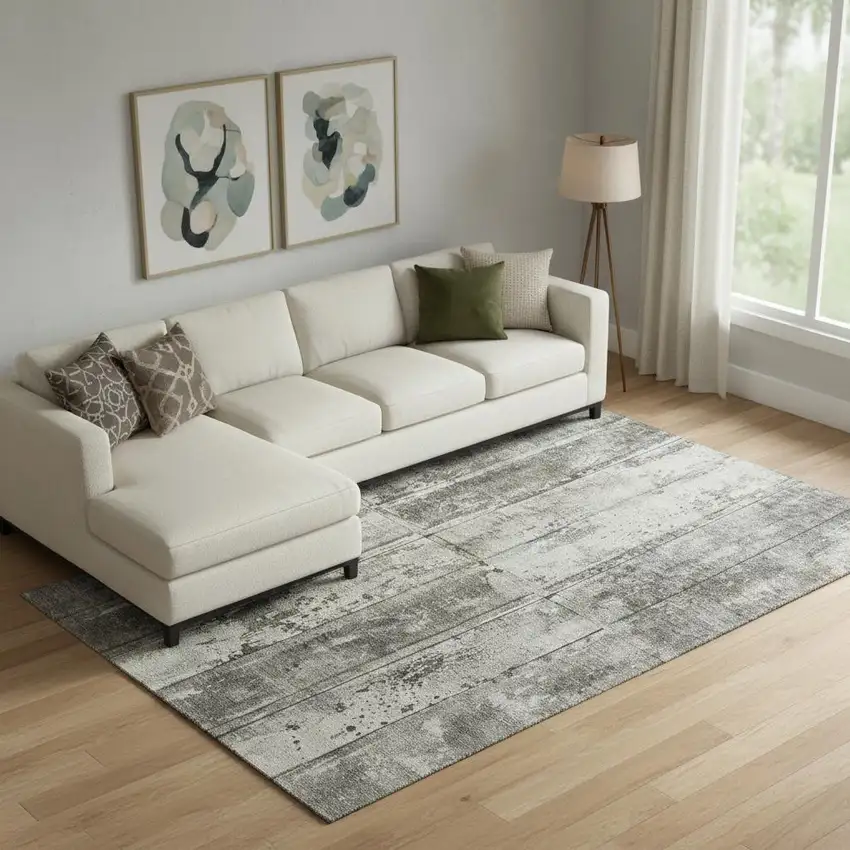 Taupe Beige And Gray Striped Washable Area Rug With UV Protection Photo 2