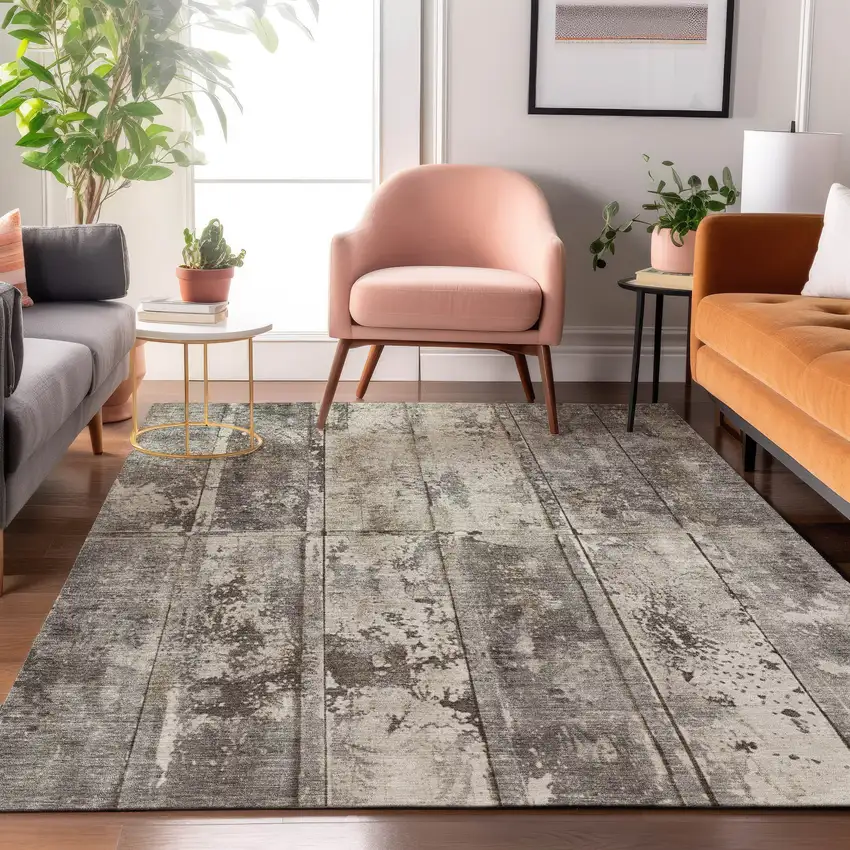 Taupe Beige And Gray Striped Washable Area Rug With UV Protection Photo 4