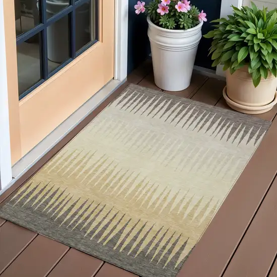 Taupe Beige And Gray Striped Washable Indoor Outdoor Area Rug Photo 1