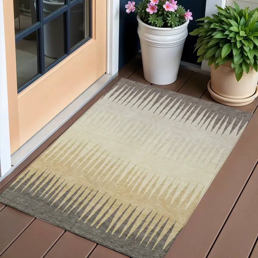 Taupe Beige And Gray Striped Washable Indoor Outdoor Area Rug Photo 1