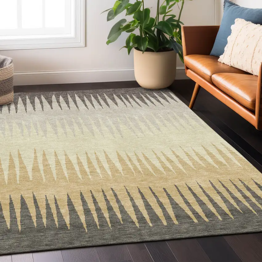 Taupe Beige And Gray Striped Washable Indoor Outdoor Area Rug Photo 9