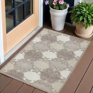 Photo of Taupe Beige And Gray Trellis Washable Indoor Outdoor Area Rug