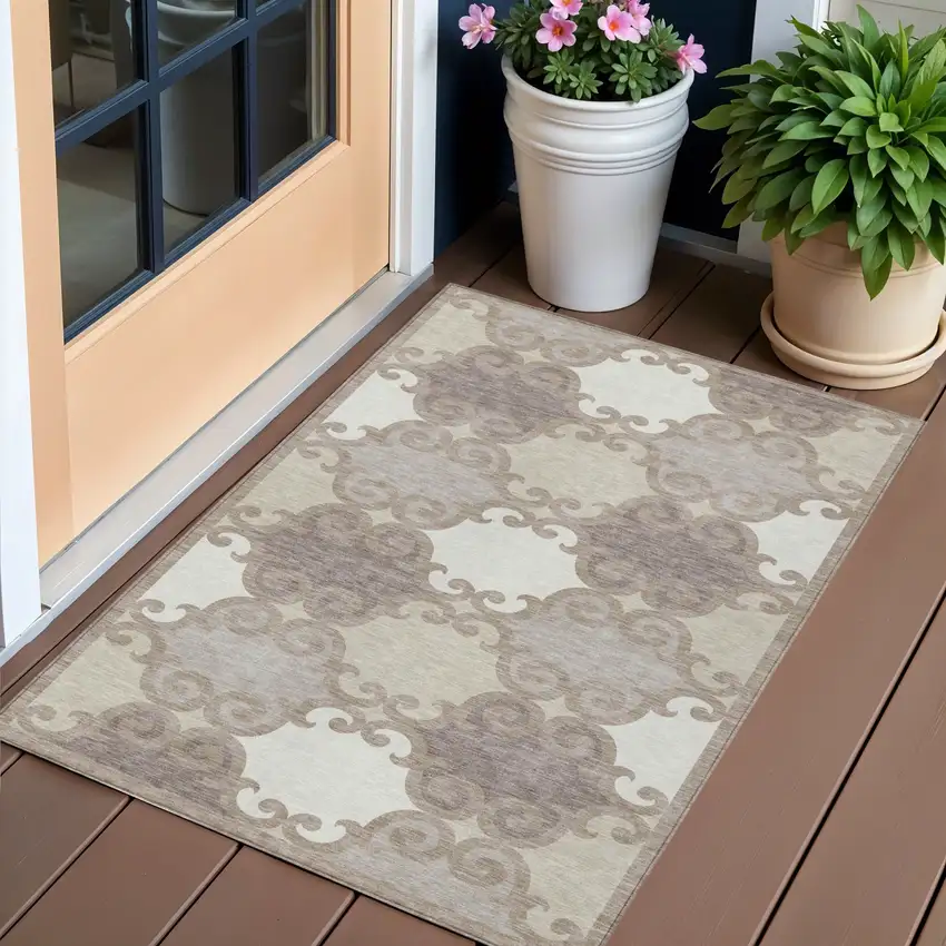 Taupe Beige And Gray Trellis Washable Indoor Outdoor Area Rug Photo 1