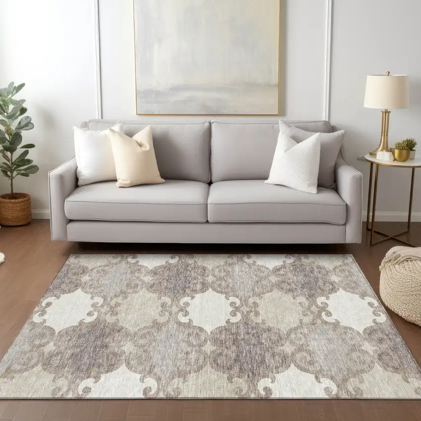 Taupe Beige And Gray Trellis Washable Indoor Outdoor Area Rug Photo 9