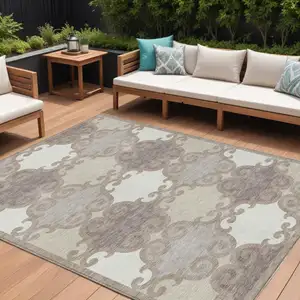 Photo of Taupe Beige And Gray Trellis Washable Indoor Outdoor Area Rug