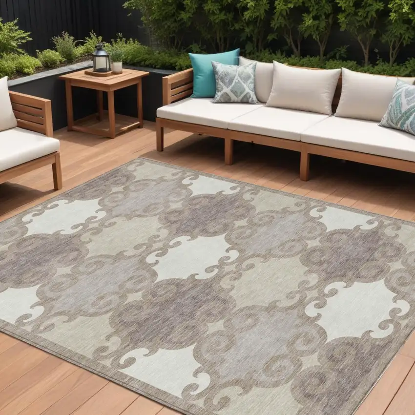 Taupe Beige And Gray Trellis Washable Indoor Outdoor Area Rug Photo 1