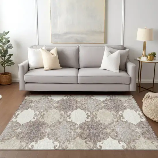 Taupe Beige And Gray Trellis Washable Indoor Outdoor Area Rug Photo 9