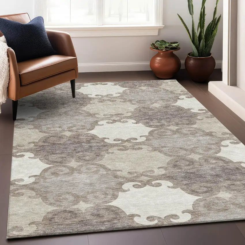 Taupe Beige And Gray Trellis Washable Indoor Outdoor Area Rug Photo 9