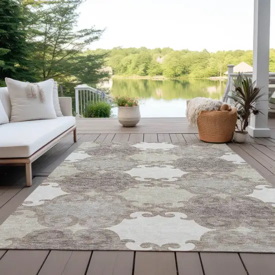 Taupe Beige And Gray Trellis Washable Indoor Outdoor Area Rug Photo 8