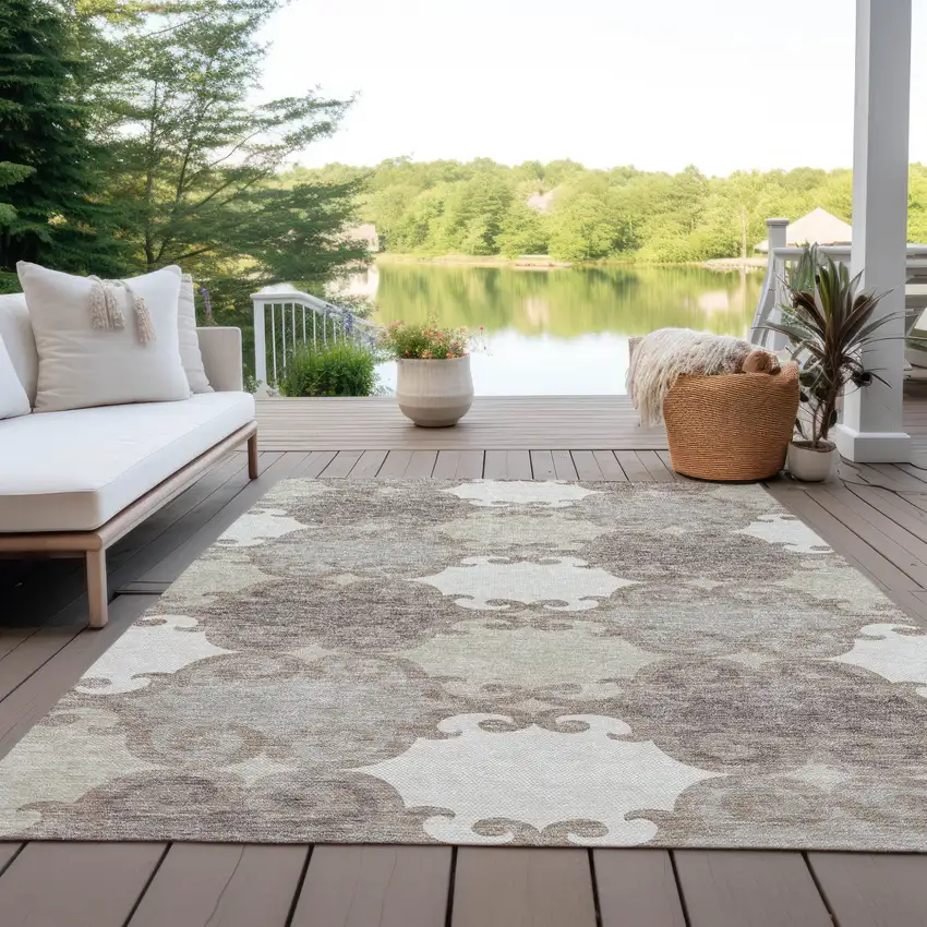 Taupe Beige And Gray Trellis Washable Indoor Outdoor Area Rug Photo 8