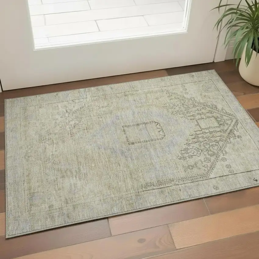 Taupe Beige And Gray Tribal Washable Area Rug With UV Protection Photo 2