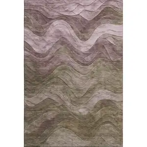 Photo of Taupe Beige And Green Abstract Washable Area Rug With UV Protection