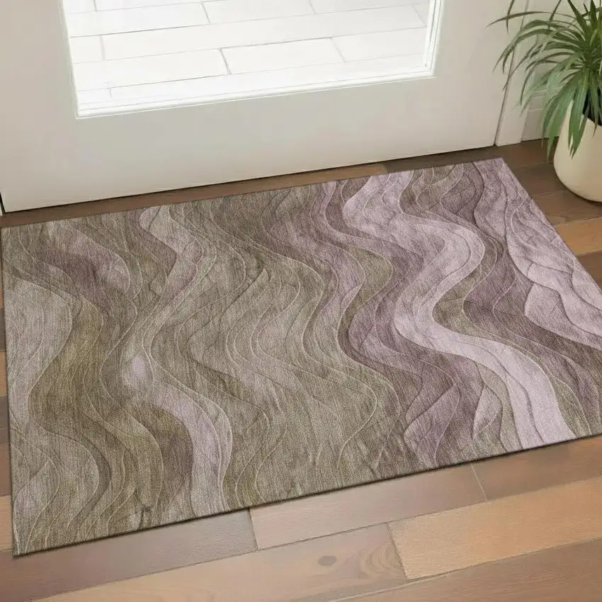 Taupe Beige And Green Abstract Washable Area Rug With UV Protection Photo 2