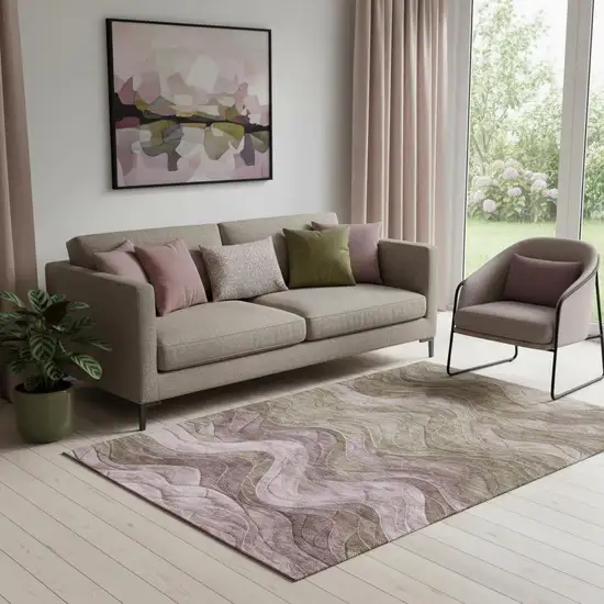 Taupe Beige And Green Abstract Washable Area Rug With UV Protection Photo 2