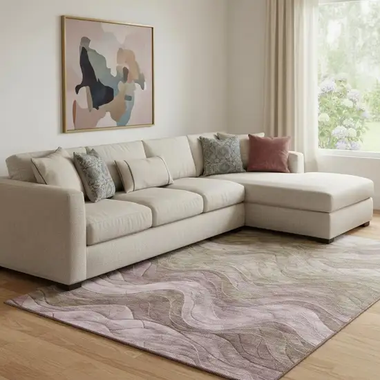 Taupe Beige And Green Abstract Washable Area Rug With UV Protection Photo 2