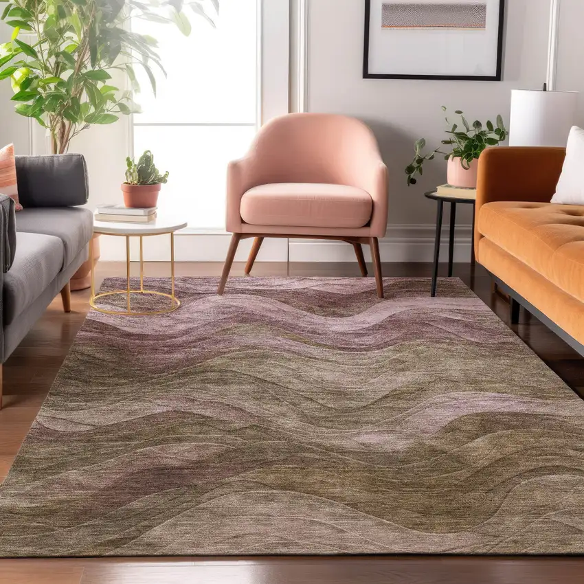 Taupe Beige And Green Abstract Washable Area Rug With UV Protection Photo 5