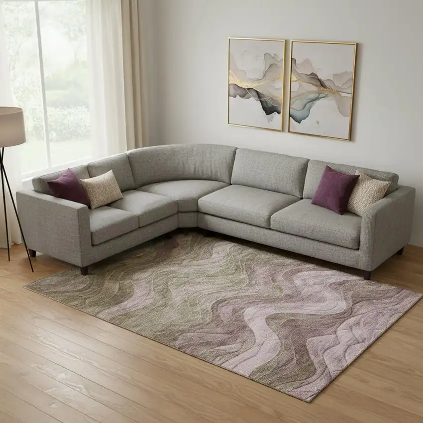 Taupe Beige And Green Abstract Washable Area Rug With UV Protection Photo 2