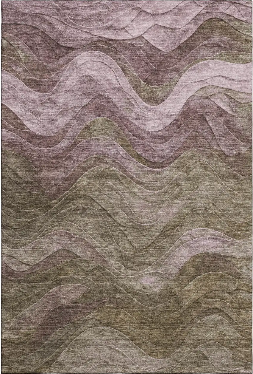 Taupe Beige And Green Abstract Washable Area Rug With UV Protection Photo 1