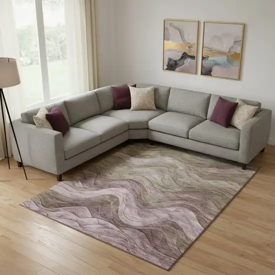 Taupe Beige And Green Abstract Washable Area Rug With UV Protection Photo 2