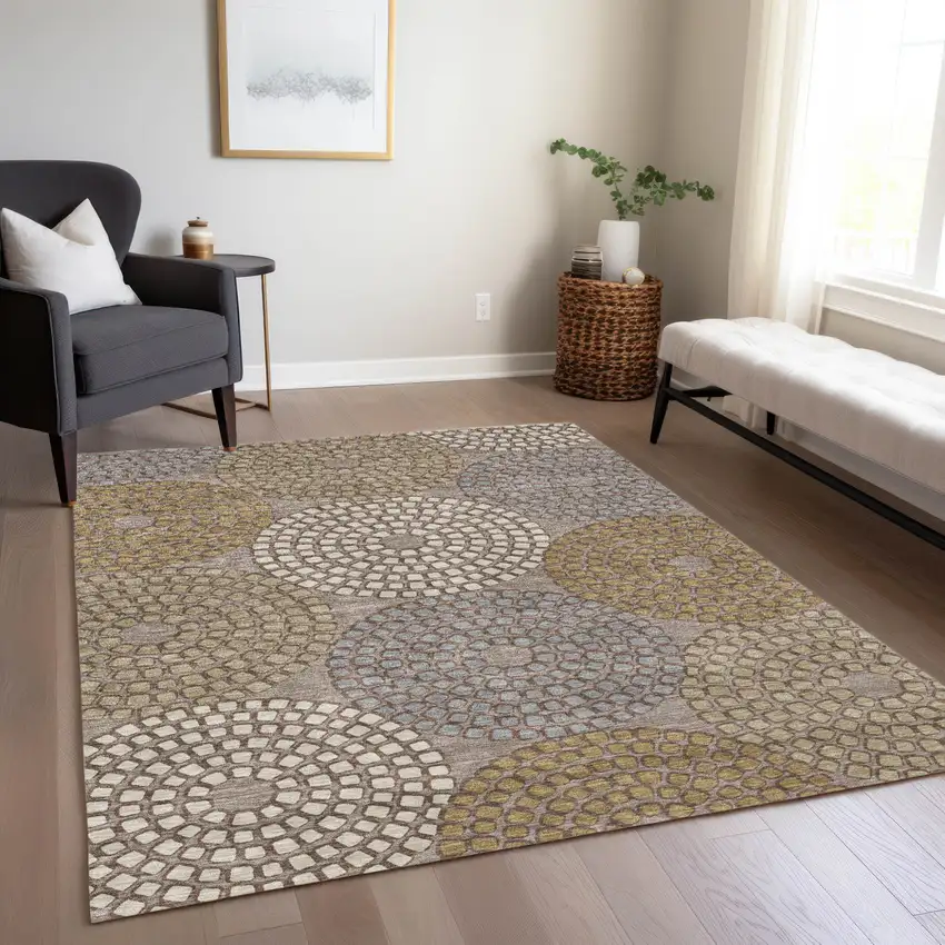 Taupe Beige And Green Geometric Washable Indoor Outdoor Area Rug Photo 9