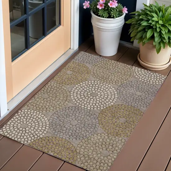 Taupe Beige And Green Geometric Washable Indoor Outdoor Area Rug Photo 1
