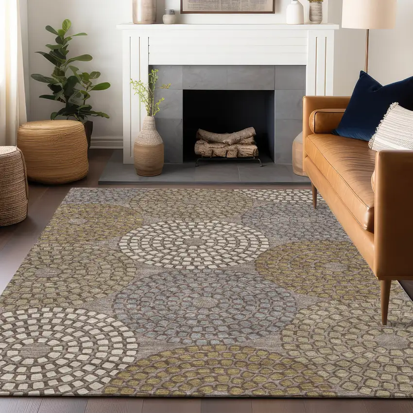 Taupe Beige And Green Geometric Washable Indoor Outdoor Area Rug Photo 8