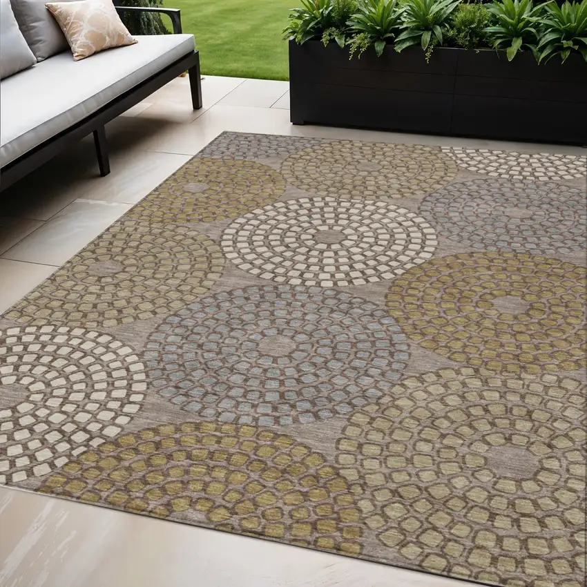 Taupe Beige And Green Geometric Washable Indoor Outdoor Area Rug Photo 1
