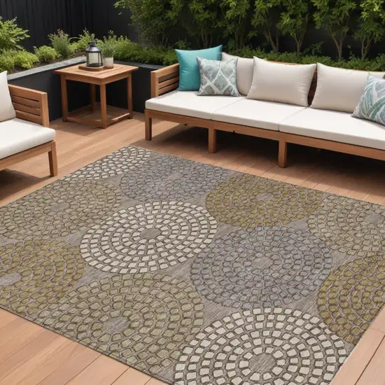 Taupe Beige And Green Geometric Washable Indoor Outdoor Area Rug Photo 1