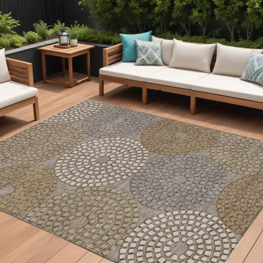 Taupe Beige And Green Geometric Washable Indoor Outdoor Area Rug Photo 1