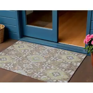 Photo of Taupe Beige And Green Oriental Washable Indoor Outdoor Area Rug