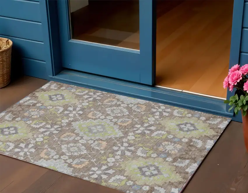 Taupe Beige And Green Oriental Washable Indoor Outdoor Area Rug Photo 1