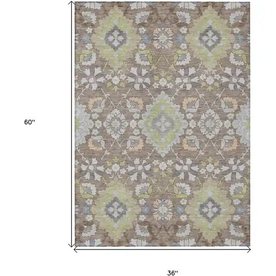 Taupe Beige And Green Oriental Washable Indoor Outdoor Area Rug Photo 3