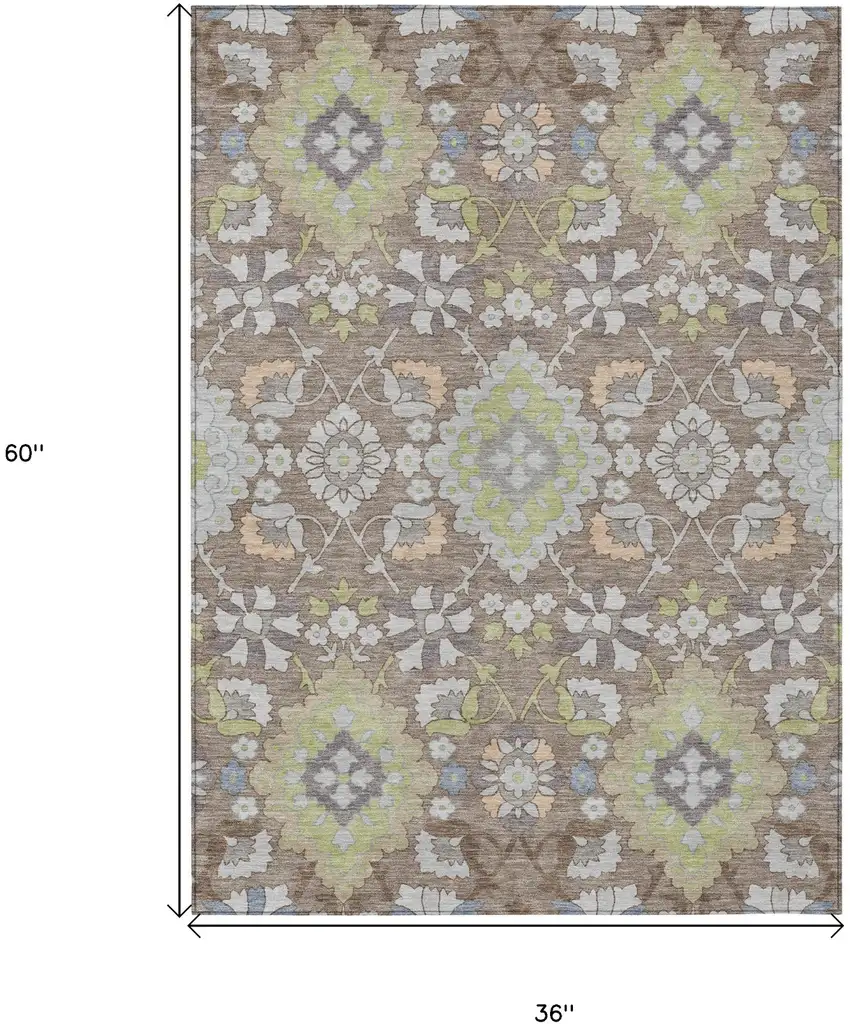 Taupe Beige And Green Oriental Washable Indoor Outdoor Area Rug Photo 3